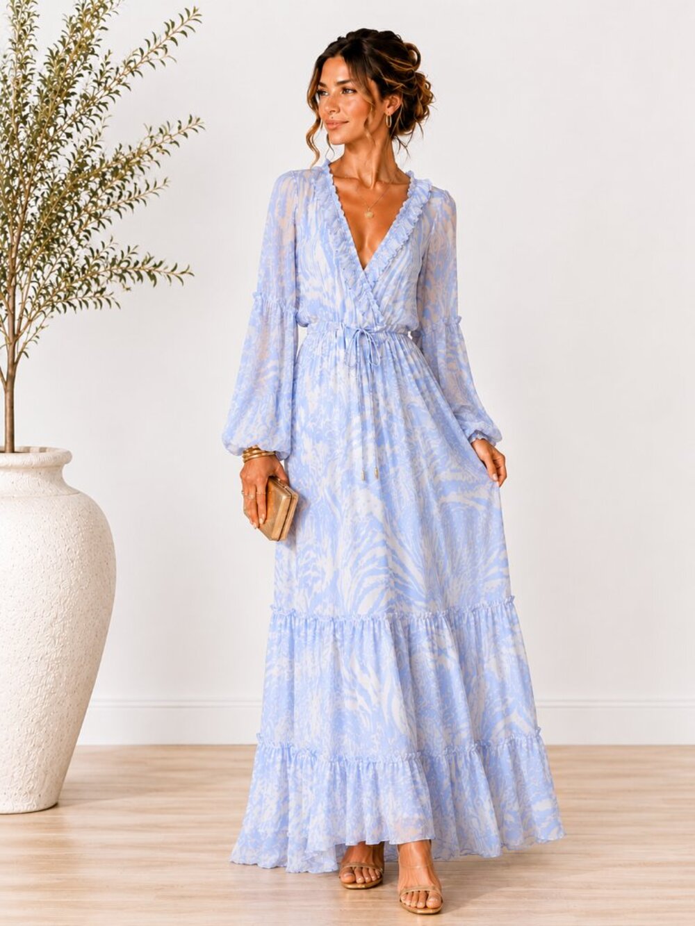 MISA Los Angeles Amata Blue White Maxi Dress Puff Sleeve XS